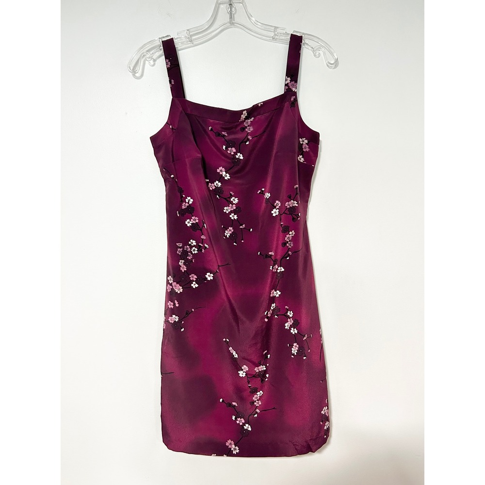 Rampage Burgundy Cherry Blossom Floral Satin Mini Dress Size 7 Wide Strap Y2K